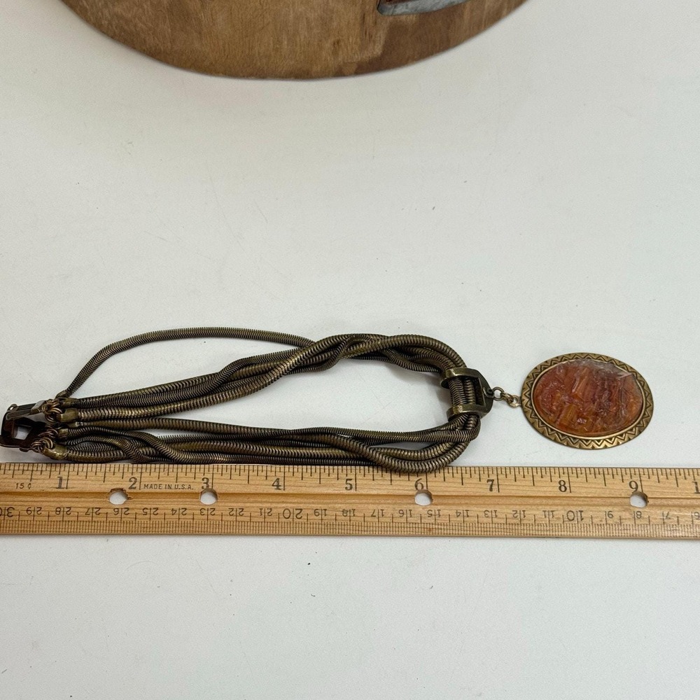 Unique Bronze Multi Snake Chain Orange Acrylic Pendant Necklace Unknown Maker - Picture 12 of 16